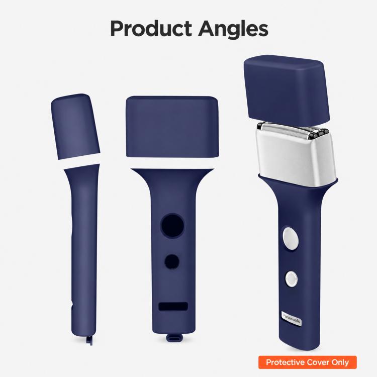 Blue silicone protective cover for electric shaver, shown from multiple angles
