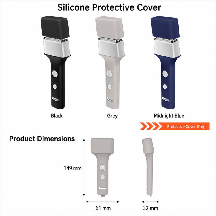 Silicone protective cover for electric shaver in black, grey, and midnight blue, with size