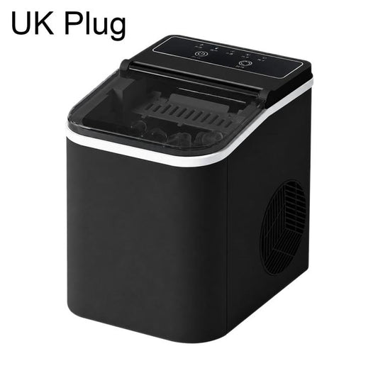 Portable bullet ice maker with UK plug, black countertop unit and open ice bin lid