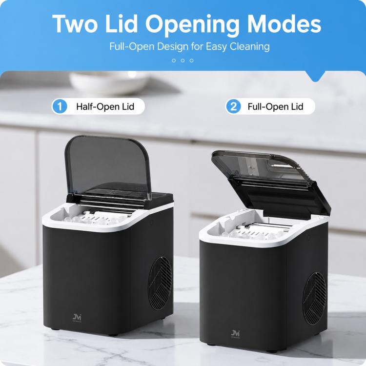 Portable bullet ice maker with half-open and full-open lids, black countertop units