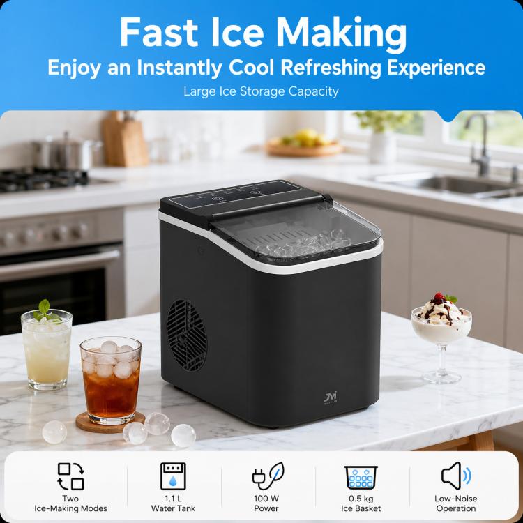 Portable bullet ice maker on countertop with closed lid, black unit