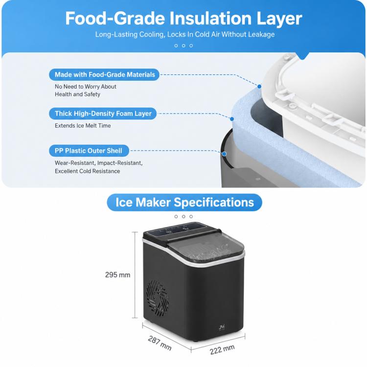 Portable bullet ice maker insulation cutaway diagram, black unit with top lid