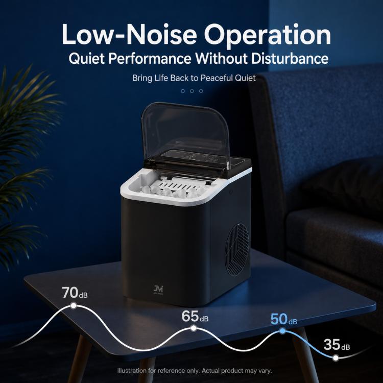 Portable bullet ice maker with open lid, black unit on tabletop