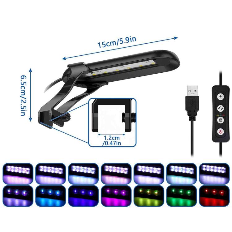 Clip-on aquarium LED light with USB cable, remote control, and color light effects