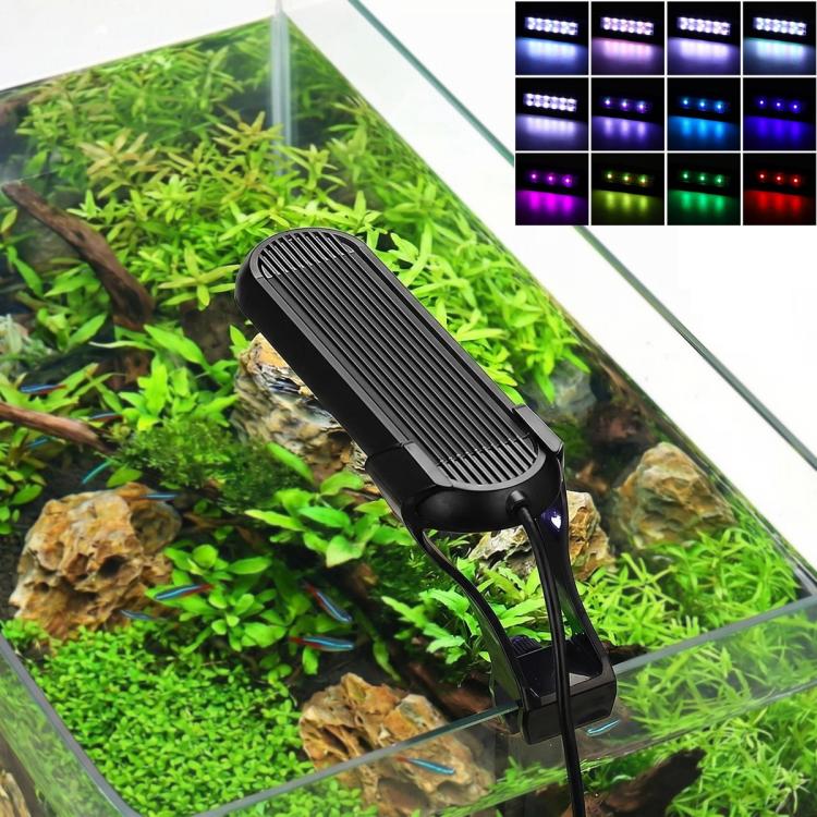Clip-on aquarium LED light attached to a glass aquarium with green plants