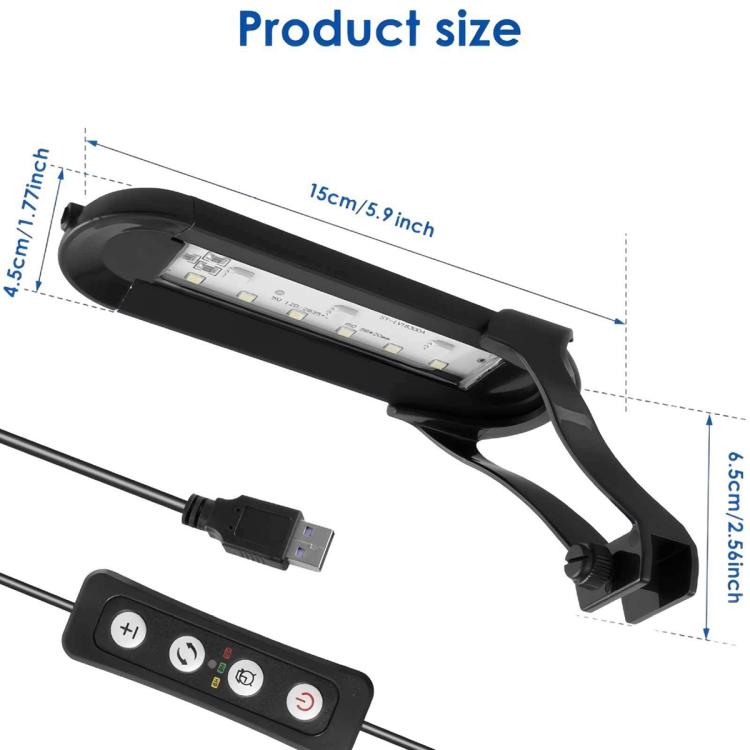 Clip-on aquarium LED light with size markings and USB power cable