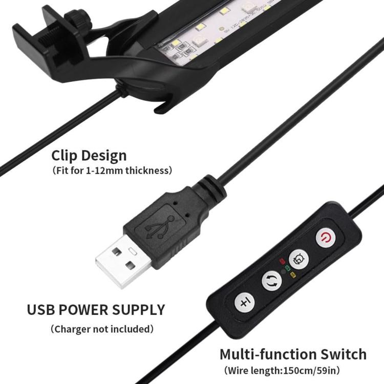 Clip-on aquarium LED light showing USB power cable and control switch remote
