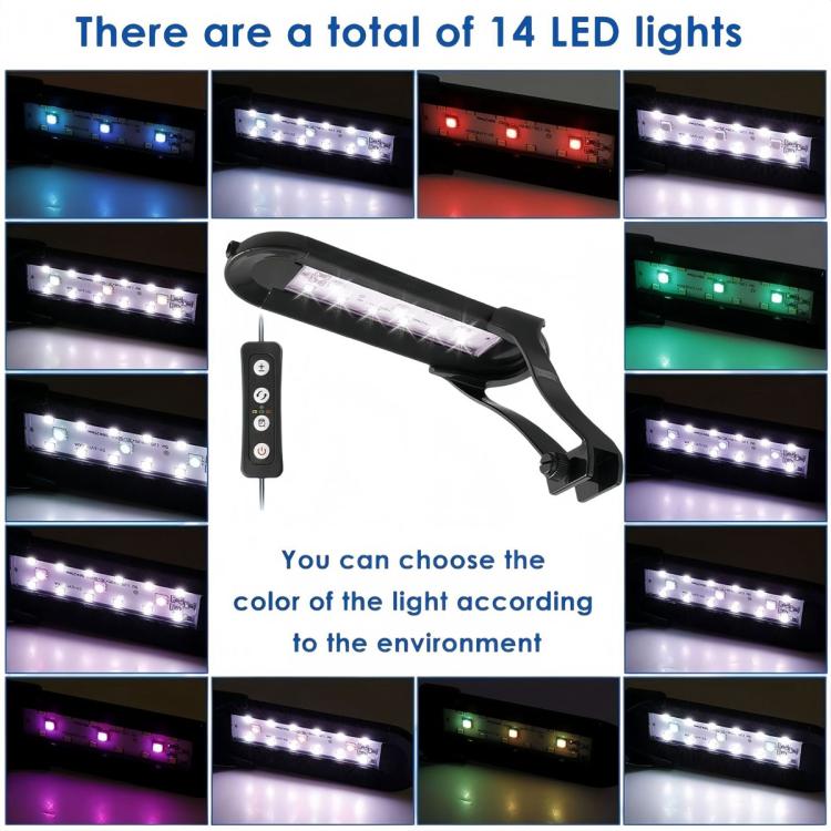 Clip-on aquarium LED light with selectable LED colors shown in multiple scenes
