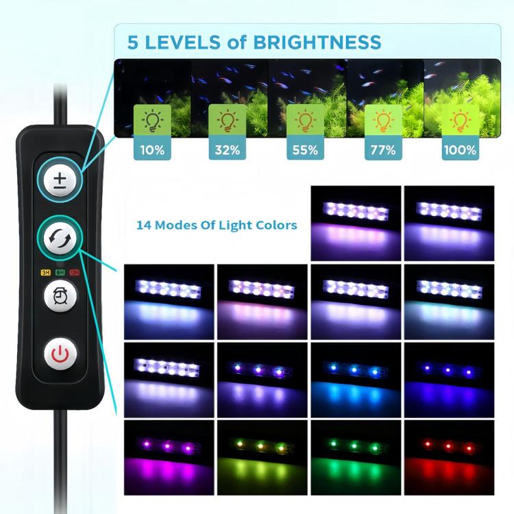 Aquarium LED light with remote showing brightness levels and 14 light color modes