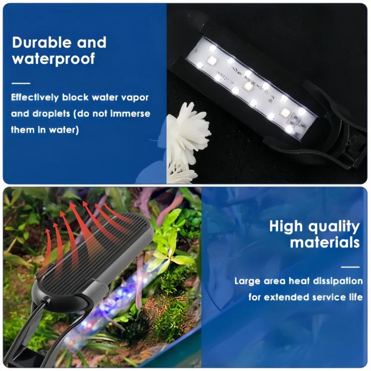 Waterproof clip-on aquarium LED light with close-up of LED strip and heat-dissipation fins