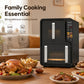 Black double-drawer air fryer on counter, digital display and dual cooking windows