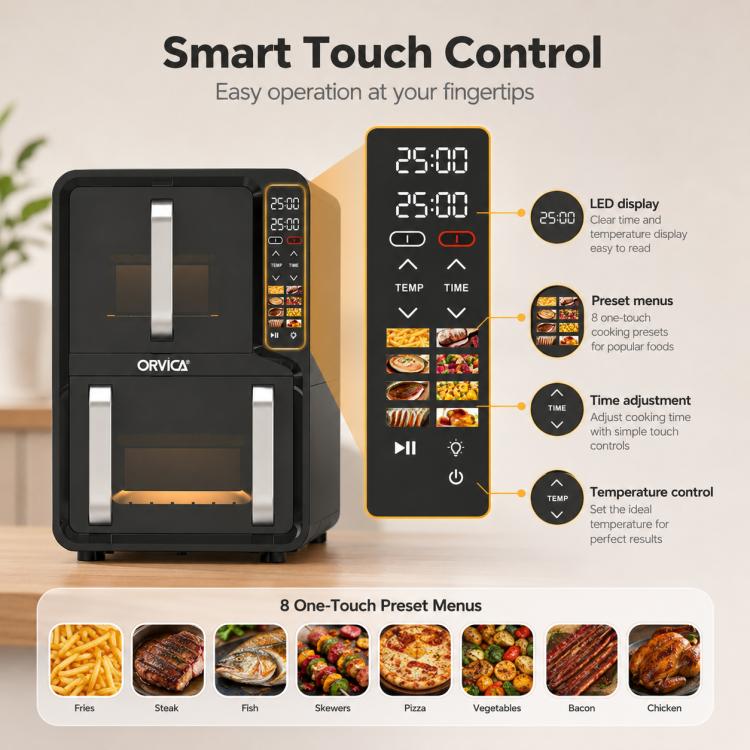 Double-drawer air fryer with smart touch control display and preset menu panel