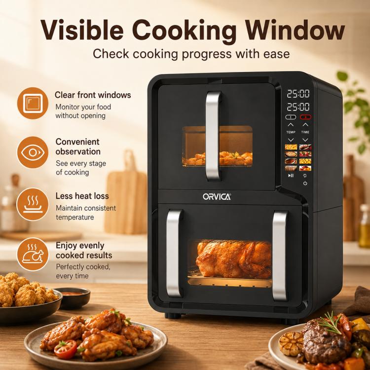 Black double-drawer air fryer with visible cooking window and preset cooking icons
