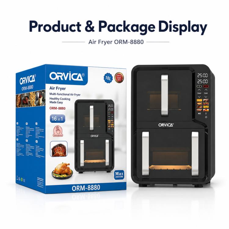 ORVICA OR M-8880 air fryer with box package and dual cooking window, black unit