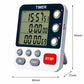 Dual countdown timer clock angled view, LCD numbers, three dial buttons, dark blue and white