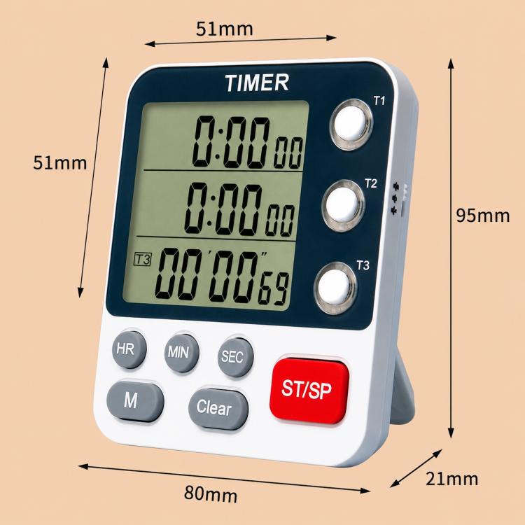Three-channel countdown kitchen timer front view with three LCDs and red ST/SP button