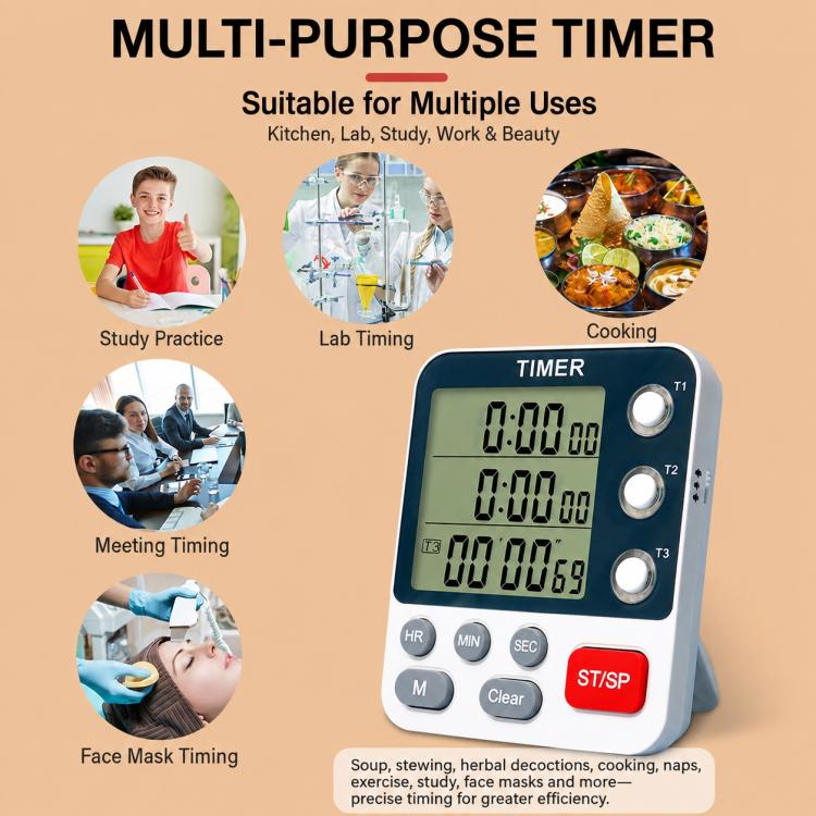 Three-channel countdown kitchen timer with three LCD timers, side dials, and red start/stop