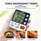 Three-channel countdown kitchen timer held in hand with three LCD countdown times and buttons