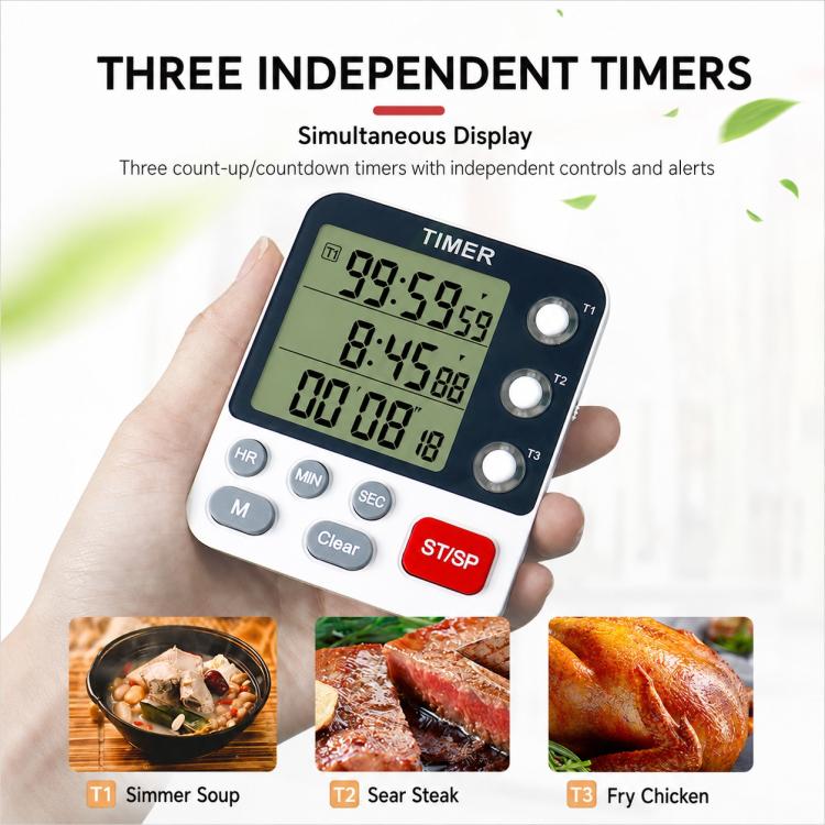 Three-channel countdown kitchen timer held in hand with three LCD countdown times and buttons