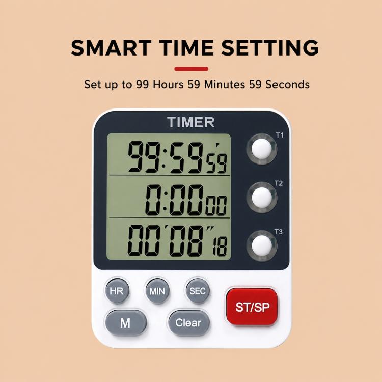 Three-channel countdown kitchen timer front panel with three LCD readouts and red ST/SP
