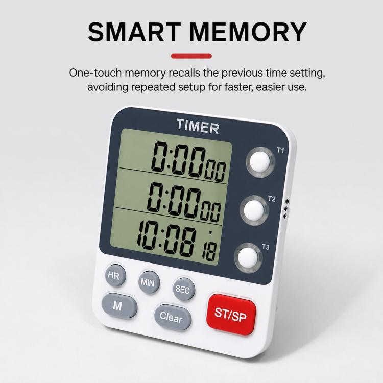 Three-channel countdown kitchen timer angled view with three LCD screens and gray control buttons