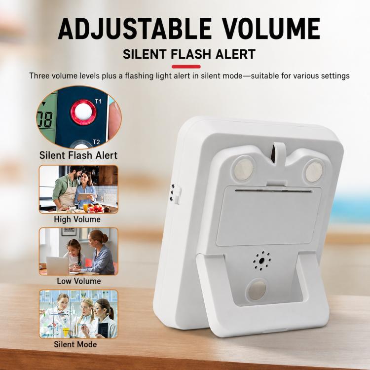 Three-channel countdown kitchen timer back view with kickstand and circular speaker holes