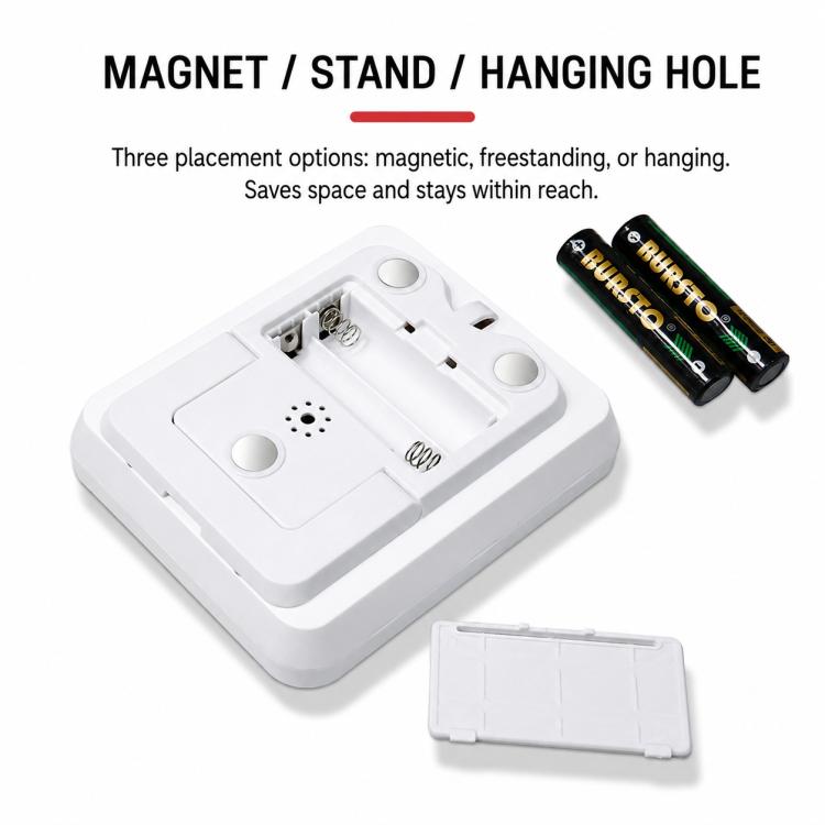 Three-channel countdown kitchen timer underside showing battery bay, magnet area, and hanging hole