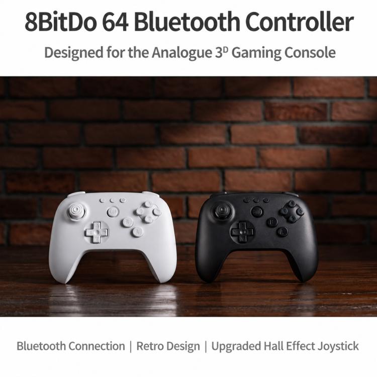 Two N64 Bluetooth game controllers, white and black, side view on a tabletop