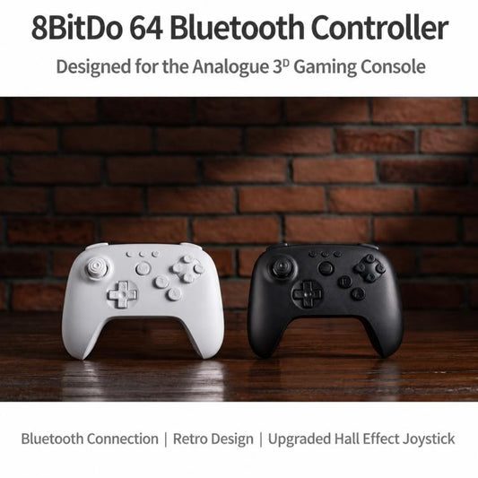 Two N64 Bluetooth game controllers, white and black, side view on a tabletop