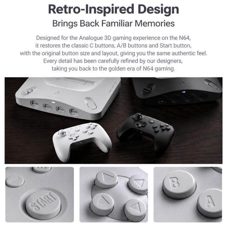 White and black N64 Bluetooth game controllers with classic button layout