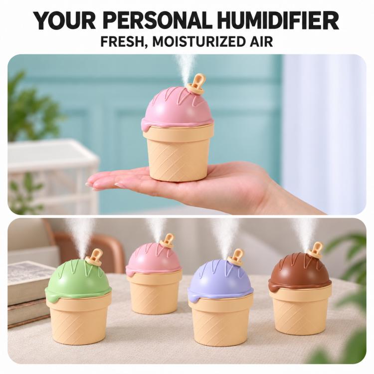 Ice-cream shape personal humidifier with pink cone top on a hand