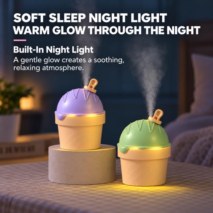Ice-cream mini humidifier with warm night light glow and steaming mist