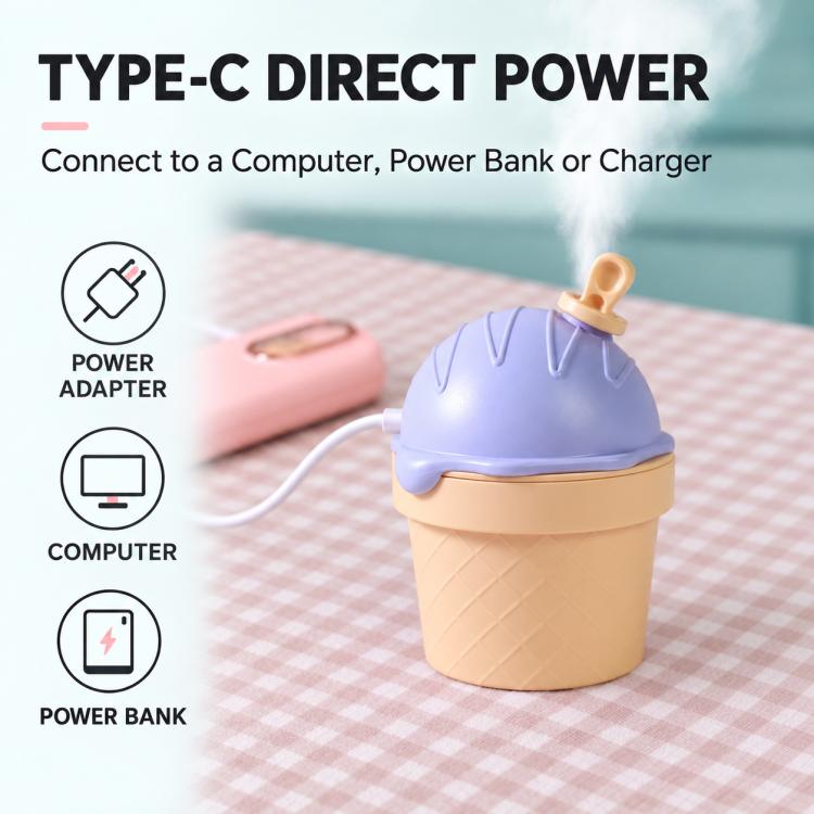 Ice-cream mini humidifier with Type-C cable connected and purple lid