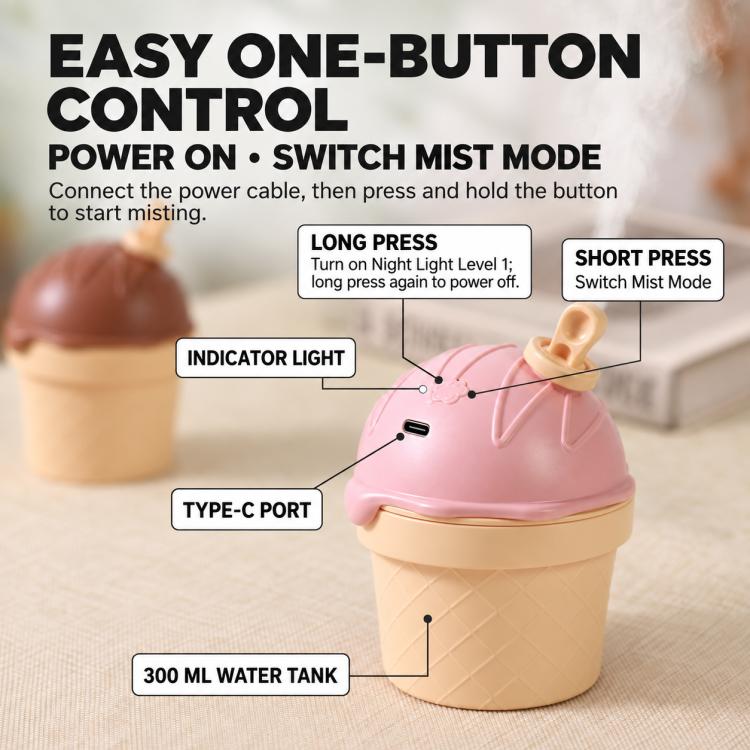 Pink ice-cream mini humidifier showing Type-C port and control button area
