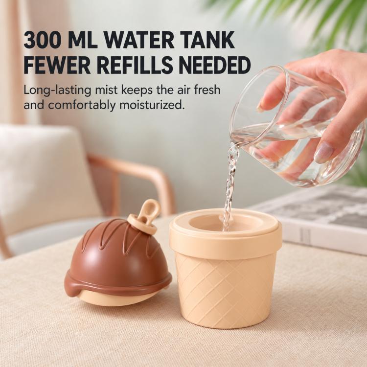 Ice-cream humidifier with brown lid and cup tank as water pours in