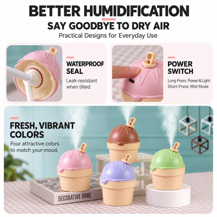 Ice cream–shaped mini desktop humidifier, pastel pink, purple, green, and brown