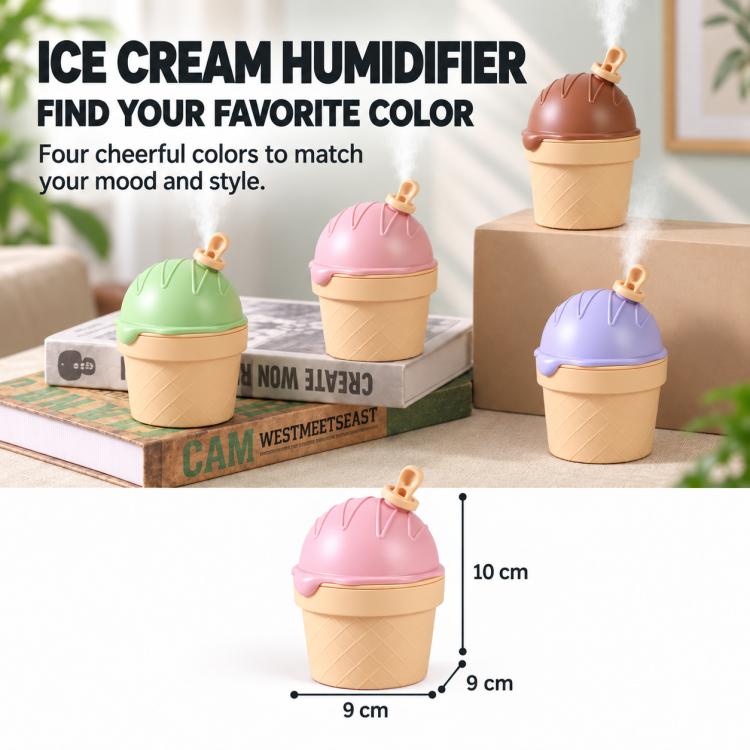 Ice cream cone–shaped mini desktop humidifier in pastel colors, with size markers