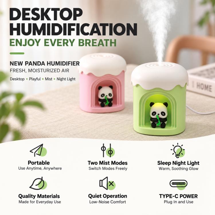 Mini night light humidifiers in pink and green, each with panda face window