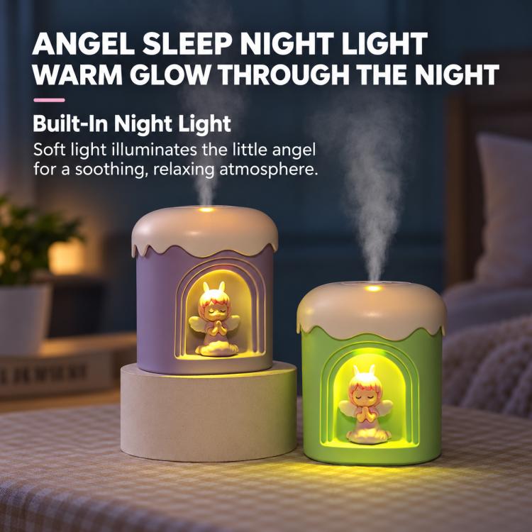 Purple and green mini desktop night light humidifier with glowing angel display and mist