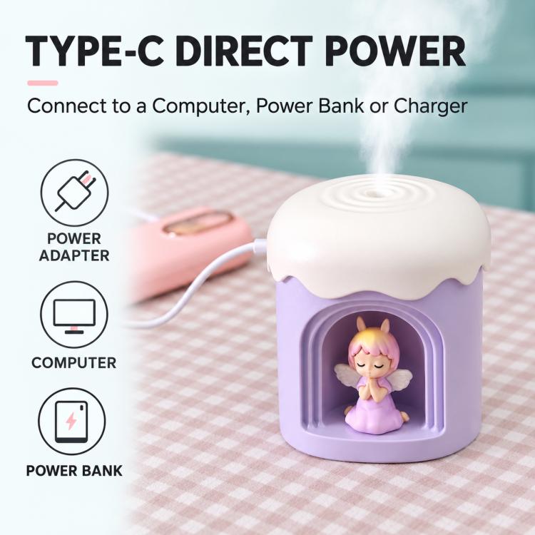 Mini desktop night light humidifier with Type-C port and glowing angel display, mist