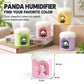 Panda mini desktop humidifier in four colors with glowing night light, compact size shown