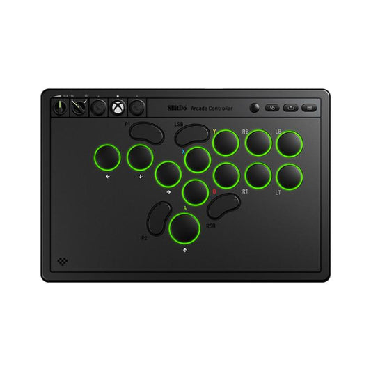 Arcade gaming controller with green-ring all-button layout and black faceplate