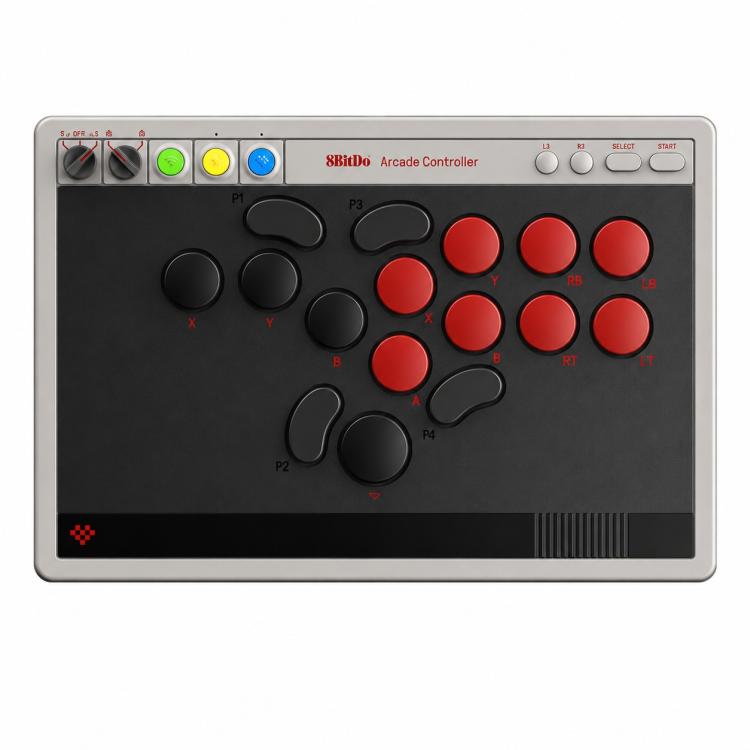 Retro arcade controller with red buttons and black D-pad on a light gray faceplate