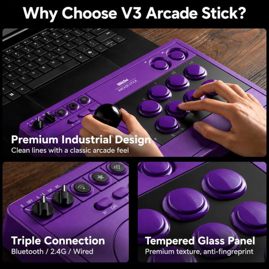 8BitDo V3 arcade stick controller with purple joystick and arcade buttons, hand on controls