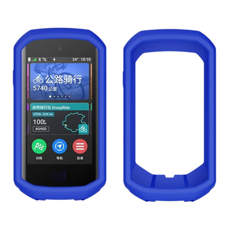 Blue silicone protective cover for bike GPS, front screen and open back view