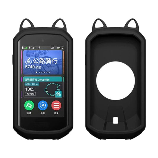 Black silicone cat-ear case cover for a bike GPS, with screen window and open mount