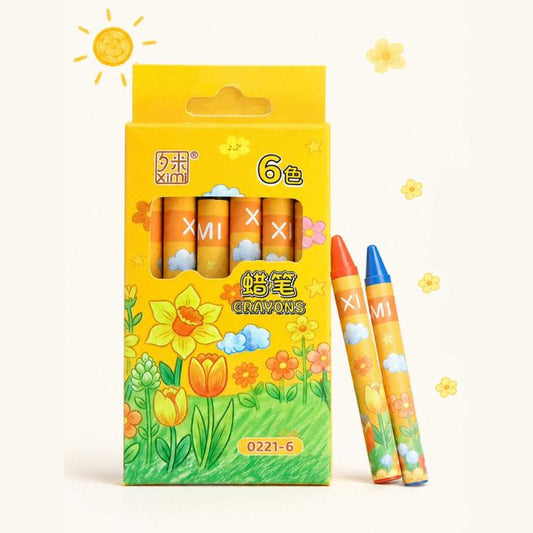 Children's washable crayon set, 6 colors, yellow floral box with crayons.
