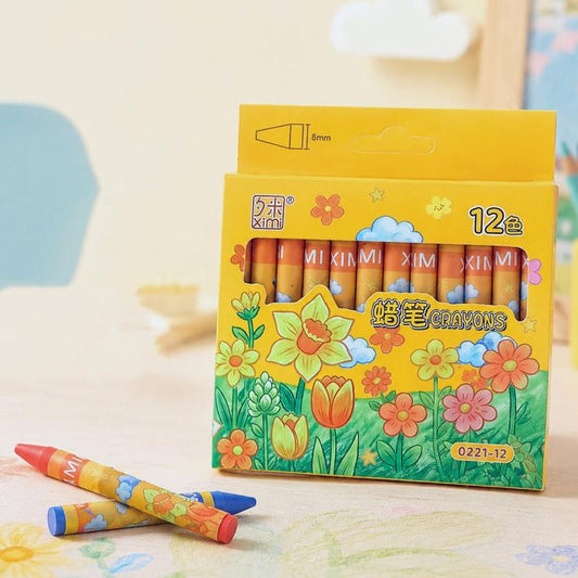 Children's washable crayon set, 12 colors, yellow floral box with crayons.
