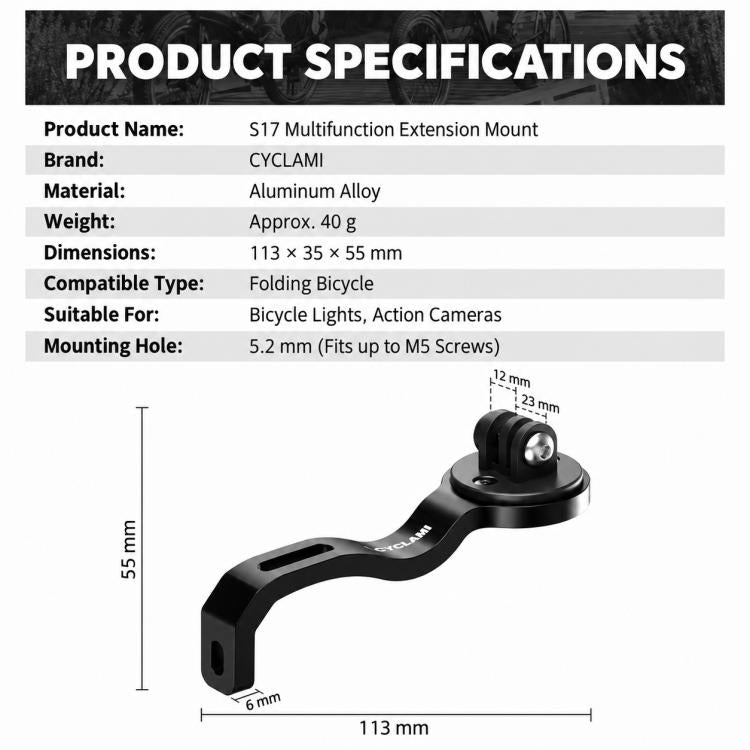 CYCLAMi S17 aluminum extension mount with dimensions, black fork bracket