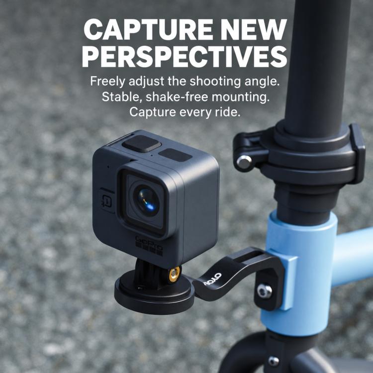 CYCLAMi S17 extension mount with action camera attached to bike fork, black arm